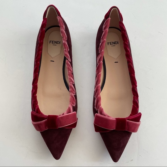 FENDI Velvet-trimmed suede point toe flats 35.5 burgundy wine red ribbon laced - Picture 7 of 7